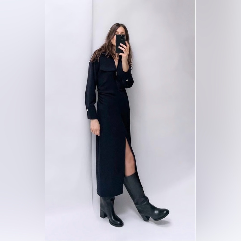 Zara Navy Zippered Shirt Midi Dress Size Small